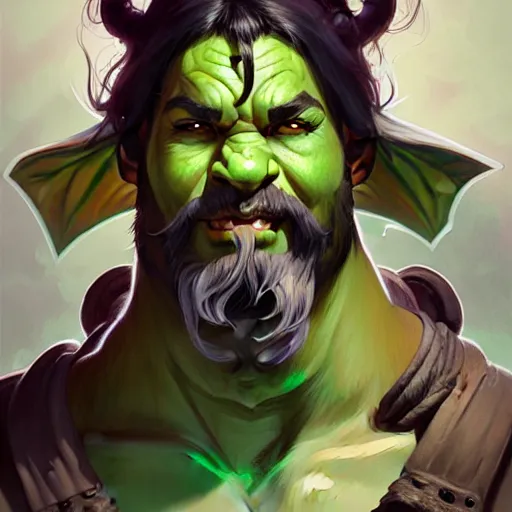 Prompt: character portrait, green skin, angry, handsome d & d orc ; monk ; with black hair and black beard, beautiful eyes, alphonse mucha, rhads, ross tran, dungeons and dragons character art commission, artstation, artgerm, 8 k