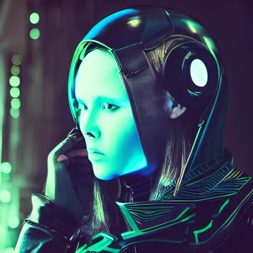 Image similar to portrait of a human wearing a futuristic helmet, cyberpunk aesthetic, aesthetic hoodie and nikana on the back 8 k uhd