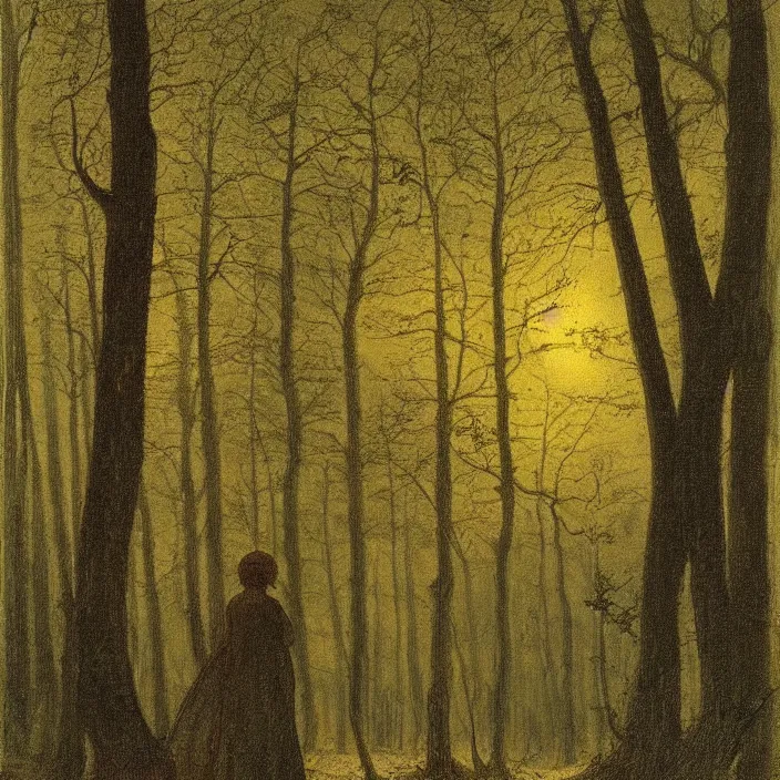 Image similar to painting of a woman lost in the woods by caspar david friedrich, at night