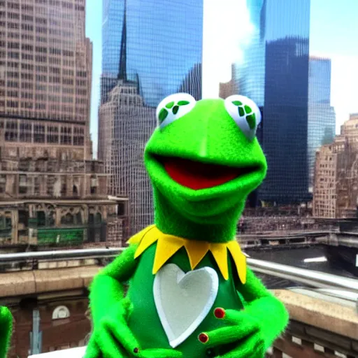 Image similar to kermit the frog selfie in front of world trade center twin towers, phone camera, selfie, green muppet, new york city, downtown, posing