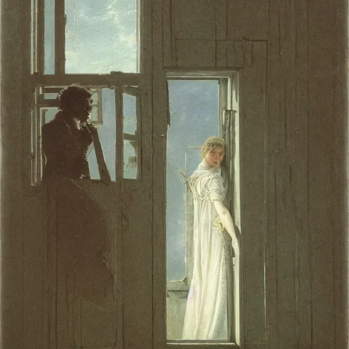 Image similar to painting of a broken window with a beautiful white woman on the outside by caspar david friedrich