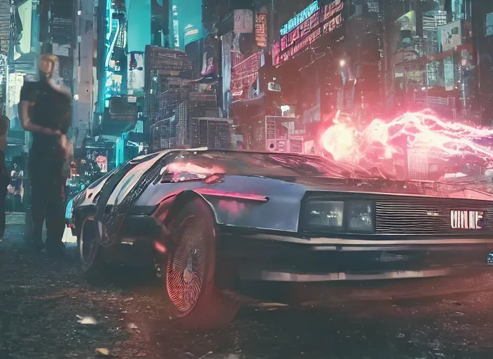 Image similar to a cyberpunk delorean breaking the space - time continuum, energy and time particles, dramatic framing, movie footage, 8 k