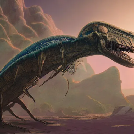 Image similar to concept art painting of prehistoric alien life, detailed, cel shaded, in the style of makoto shinkai and moebius and james gurney