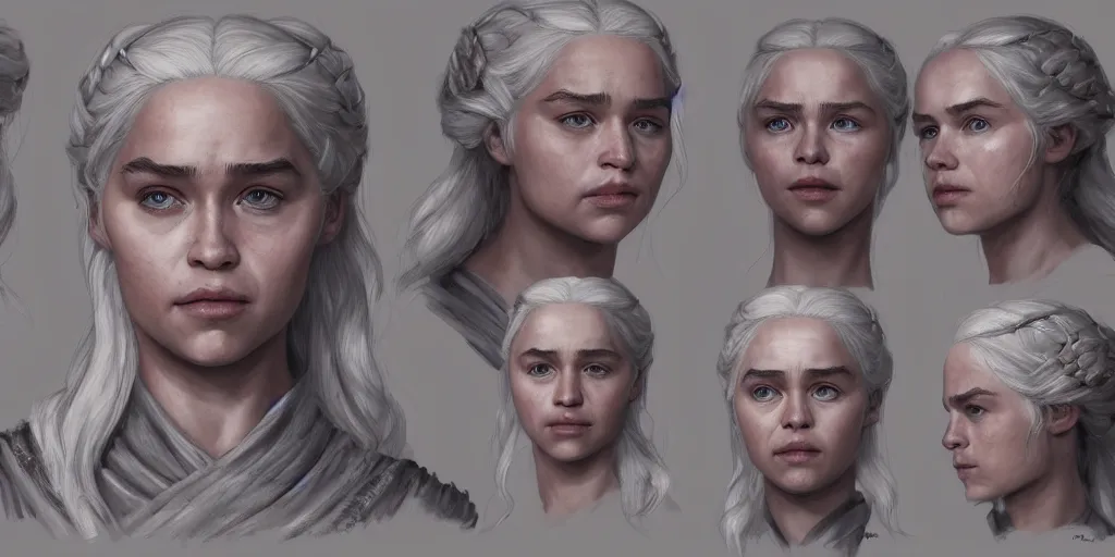 Prompt: daenerys targaryen, face study, character sheet, concept design, contrast, kim jung gi, greg rutkowski, zabrocki, karlkka, jayison devadas, trending on artstation, 8 k, ultra wide angle, pincushion lens effect