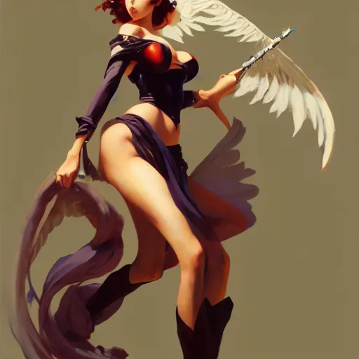 Image similar to greg manchess painting of anime woman, long wings, sorceress wand, soft lighting, trending on artstation, by huang guangjian and gil elvgren and sachin teng