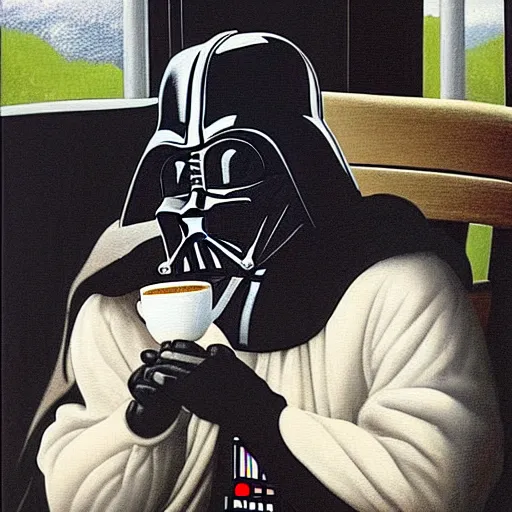 Image similar to darth vader sits on a chair behind a coffee salt on a summer veranda and holds in his hand a small china cup with tea from which steam comes out, in the stylization of paintings of romanticism, detailed facial proportions