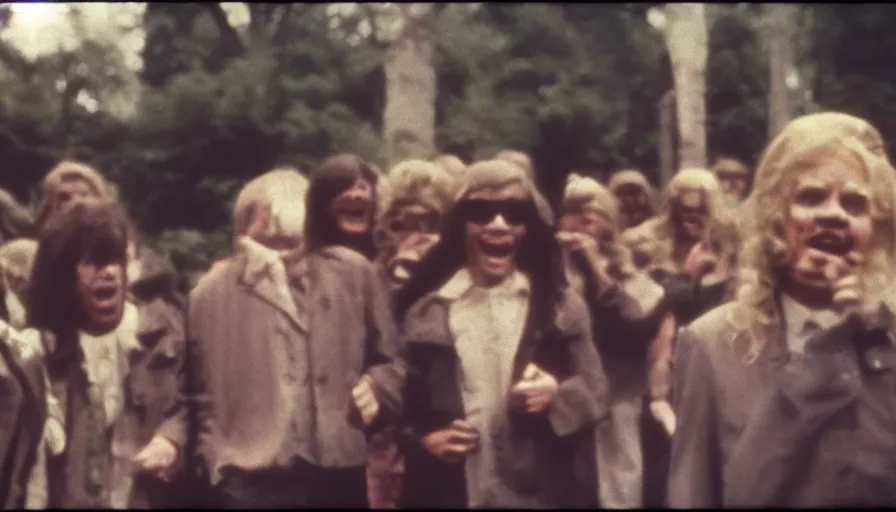 Prompt: 7 0 s film still from a horror movie with people laughing at a funeral, kodachrome, cinecolor, cinestill, photorealism, cinematic, film grain, film texture, vhs recording