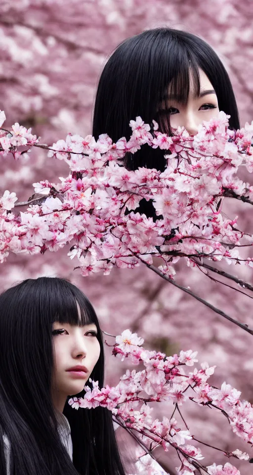 Prompt: a beautiful detailed hyperrealistic render of an attractive japanese female with long black hair covering part of her face and wearing a seifuku, standing next to a beautiful cherry blossom tree, centered, trending on gettyimages and 5 0 0 px, extreme detailing, dim dusk lighting, cinematic lighting, detailed lighting, volumetric lighting, realistic, f 8, 4 k hd wallpaper