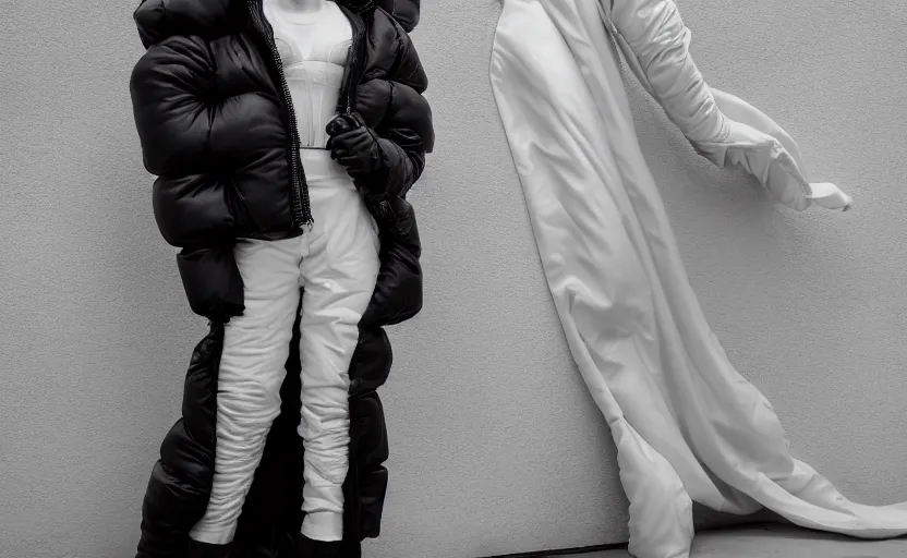 Image similar to well lit fashion shoot portrait of extremely beautiful female marble statue wearing huge over size puffer jacket by dingyun zhang, yeezy, balenciaga, vetements, a cold wall, sharp focus, clear, detailed,, cinematic, detailed, off white, glamourous, symmetrical, vogue, editorial, fashion, magazine shoot, glossy