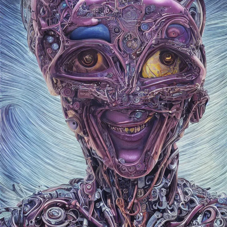 Prompt: perfectly centered portrait, front view of a beautiful biomechanical android alien robot, female, flowing hair, intense stare, sarcastic smile, symmetrical, concept art, intricate detail, volumetric shadows and lighting, cosmic background, realistic oil painting by alex grey,