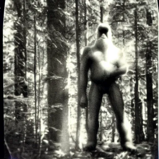 Image similar to 80s polaroid photo of the real bigfoot (not a man in a suit, oh no!) in the woods, candid flash photography