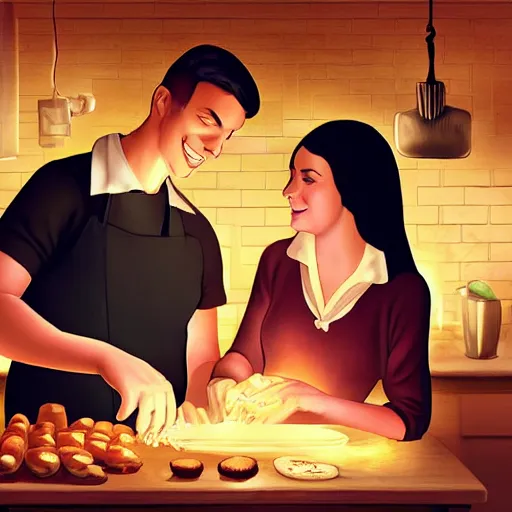 Prompt: one young man and one young woman baking waffles, romantic lighting, digital art