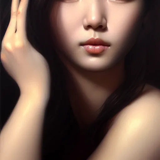 Image similar to portrait of a very very beautiful woman, square-faced, sand-colored skin, harried bun of black hair, korean, soft details, dark brown eyes, matte painting oil on canvas by mark arian by artgerm, trending on artstation, 4k, 8k, HD