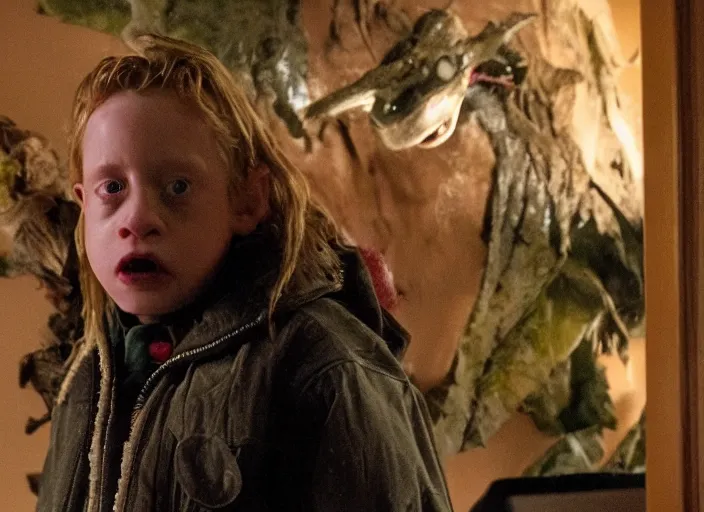 Image similar to the movie the predator starring macaulay culkin kevin mcallister home alone living room christmas vfx film