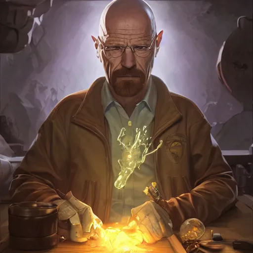 Image similar to portrait of walter white as an alchemist making potions, alchemy, league of legends amazing splashscreen artwork, dungeons and dragons, splash art, natural light, elegant, photorealistic facial features, intricate, fantasy, detailed face, atmospheric lighting, anamorphic lens flare, cinematic lighting, league of legends splash art, hd wallpaper, ultra high details by greg rutkowski