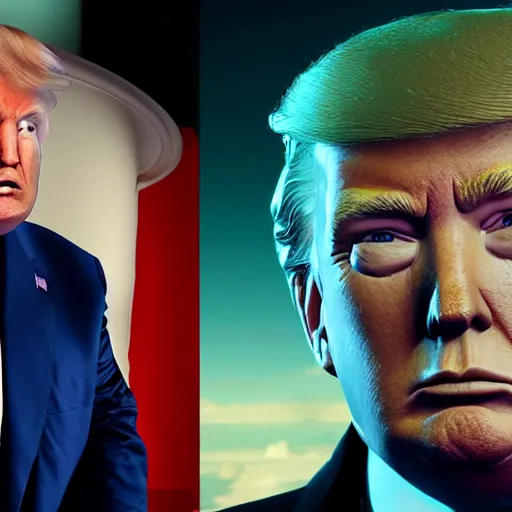 Image similar to Donald Trump with cosmonaut body, realistic artstyle, wide shot, dramatic lighting, octane render, hyperrealistic, high quality, highly detailed, HD, beautiful, cinematic, 8k, unreal engine, facial accuracy, symmetrical