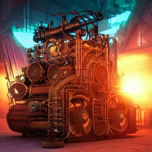 Image similar to album art, tripmachine, album is called tripmachine, photo of a huge steampunk generator, 8 k, fluorescent colors, halluzinogenic, multicolored, exaggerated detailed, front shot, 3 d render, octane