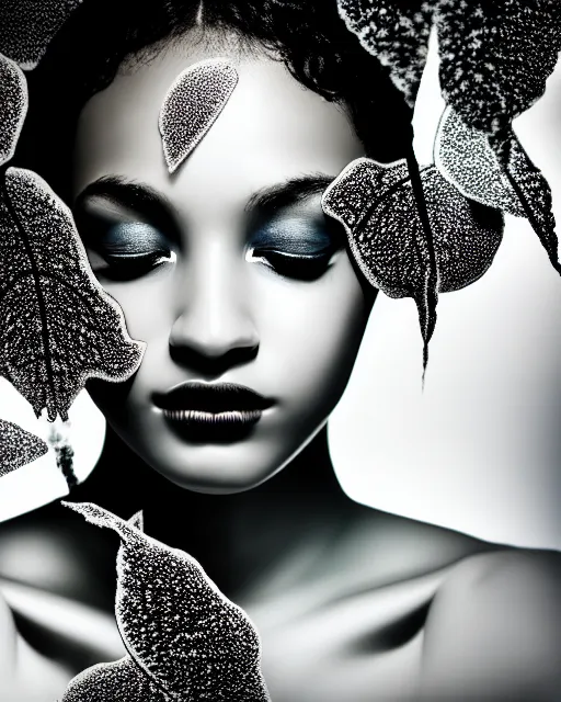 Image similar to black and white dreamy spiritual female water - cyborg high quality portrait photo, microchip leaves, artificial intelligence, cinematic, rim light, photo - realistic, elegant, high detail, 8 k, masterpiece, high fashion, in the style of man ray