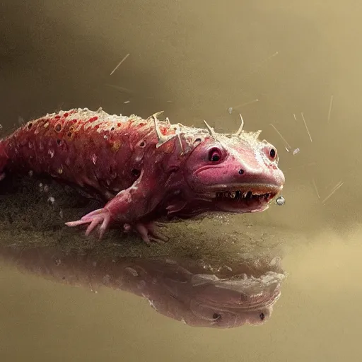 Image similar to highly detailed shocked Axolotl hit by lightning from the sky in a small puddle, thunder, dramatic, dark, fantasy, digital art, hyperrealistic, Greg Rutkowski, Trending on Artstation, highly detailed