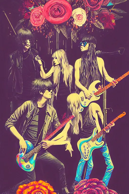 Image similar to the velvet underground and nico playing live on stage at a night club, beautiful stage decoration with flowers in the background, painting by james jean, very detailed and colorful and toned down and ornamental and moody and cool and relaxed and high on drugs, trending on artstation, behance contest winner