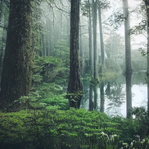 Prompt: photo of an ethereal forest and lake