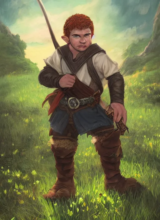 Prompt: A fantasy comic book roleplaying game style portrait painting of a halfling fighter on a beautiful meadow, DAZ, hyperrealistic, ambient light, dynamic light