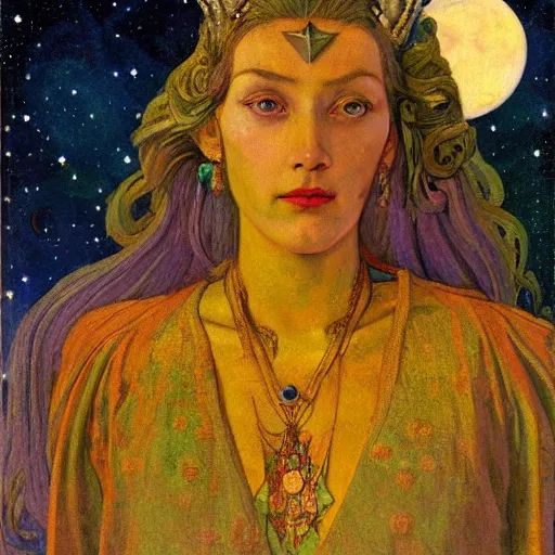 Image similar to queen of the moon with stars in her hair, by nicholas roerich and annie swynnerton and donato giancola and dulac, dramatic lighting, god rays, geometric tattoos, rich colors, smooth sharp focus, extremely detailed, leo and diane dillon, adolf wolfli