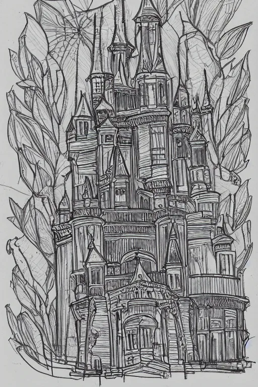 Prompt: single line sketch of elaborate intricate castle, scribble sketch, small details,