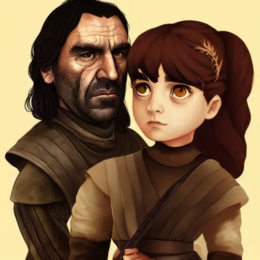 Prompt: Game of Thrones Arya and the Hound by Arnold Tsang, Trending on Artstation