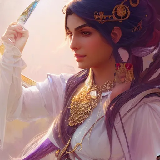 Image similar to persian princess, D&D, painted fantasy character portrait, highly detailed, digital painting, artstation, concept art, sharp focus, illustration, art by artgerm and greg rutkowski and alphonse mucha