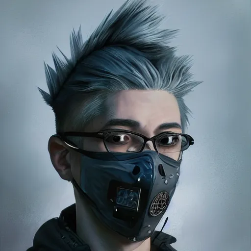 Image similar to very cool man grey hair with piercing, face mask, 3 d, streetwear, techwear, cyberpunk style outfit, full body, realosm, detailed portrait, intricate complexity, by greg rutkowski, cushart krentz, artgerm, ross tran, conrad roset, takato yomamoto, ilya kuvshinov. 4 k, cinematic, atmosphere