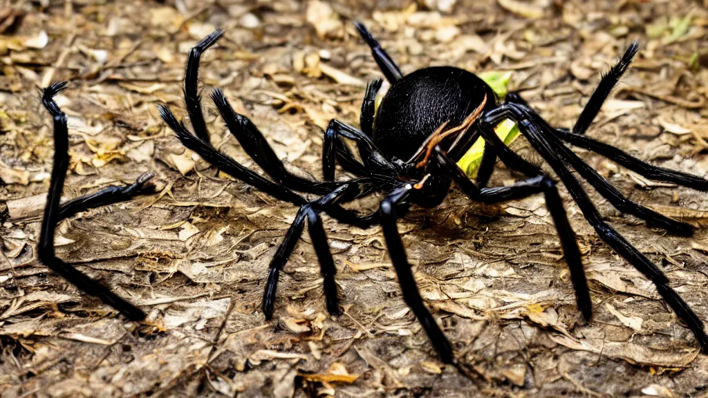 Image similar to big spider, shiny black body, sharp legs fangs, surreal forest