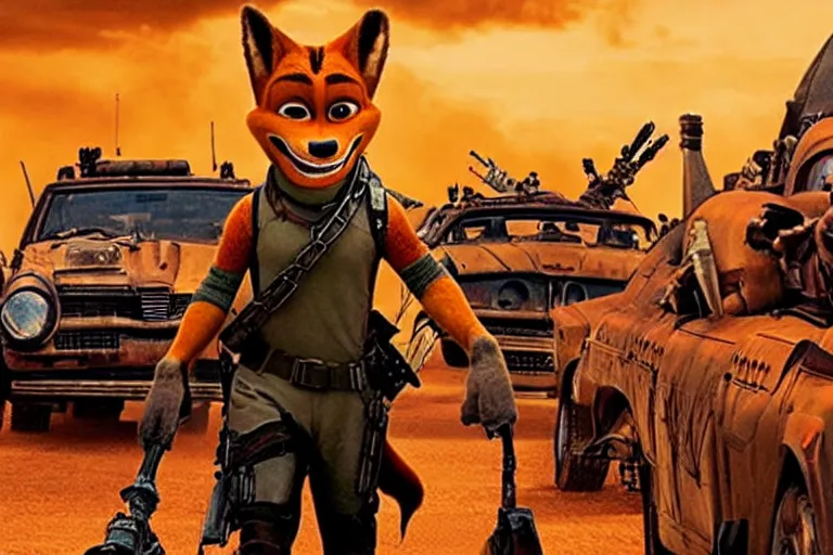 Image similar to nick wilde, heavily armed and armored facing down armageddon in a dark and gritty reboot from the makers of mad max : fury road