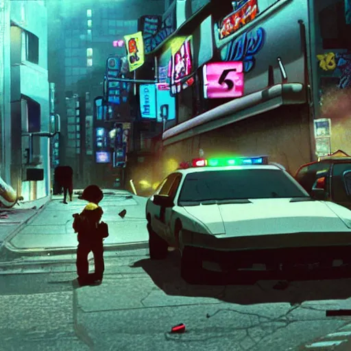 Image similar to 1996 Video Game Screenshot, Anime Neo-tokyo bank robbers vs police shootout, bags of money, Police Shot, Bullet Holes, VFX, Unreal engine, Violent, Action, MP5S, FLCL, Highly Detailed, 8k :4 by Katsuhiro Otomo + Studio Gainax + Arc System Works : 8