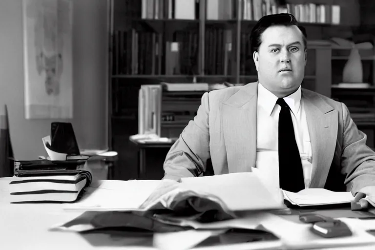 Image similar to cinematic film still from 1994 film: portly clean-shaven white man wearing suit and necktie at his desk. He has his right leg and foot propped up on his desk. XF IQ4, f/1.4, ISO 200, 1/160s, 8K, RAW, dramatic lighting, symmetrical balance, in-frame