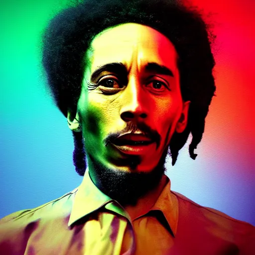 Prompt: colour masterpiece surreal closeup portrait photography of bob marley, highly detailed, smoke background, artstation, octane rendering, 8 k