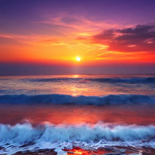 Prompt: sea sunrise with waves, aesthetic, realistic, sunrise, 8 k, sharp, colorful