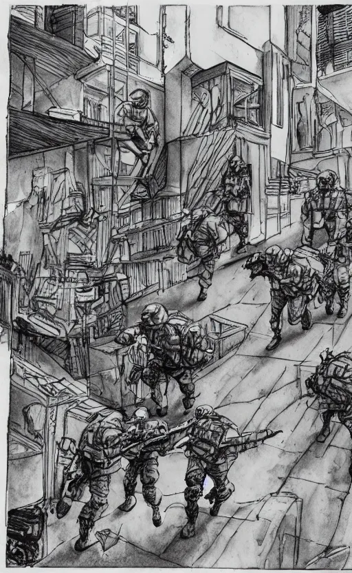 Image similar to four soldiers with tactical gear approaching a building illustrated by kim jung gius, very detailed drawing, comic book drawing, black and white, ink drawing, strong perspective drawing