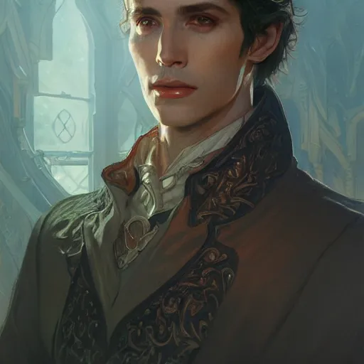 Prompt: portrait of a male necromancer, D&D, fantasy, intricate, elegant, highly detailed, digital painting, artstation, concept art, smooth, sharp focus, illustration, art by artgerm and greg rutkowski and alphonse mucha