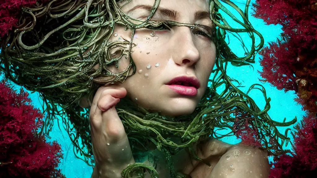 Prompt: Portrait of a woman underwater, fish hooks, seaweed, highly detailed, yuumei, Adam duff lucidpixel, natural lighting, dark atmosphere