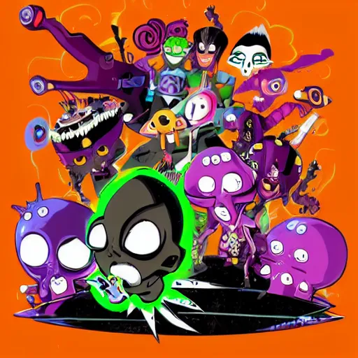 Image similar to psychic punk rocker electrifying rockstar with vampire squid head concept character designs of various shapes and sizes by genndy tartakovsky and splatoon by nintendo and the psychonauts franchise by doublefine tim shafer artists as well as the artist for the new hotel transylvania film