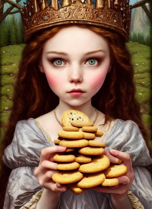 Image similar to highly detailed closeup portrait of a fairytale medieval princess eating cookies, unreal engine, nicoletta ceccoli, mark ryden, lostfish, earl norem, global illumination, god rays, detailed and intricate environment