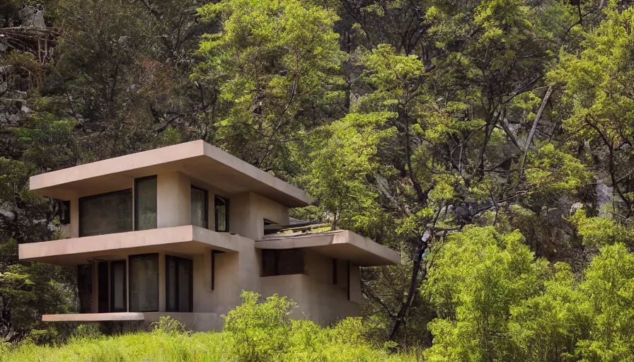 Image similar to small modern house, tibetan inspired architecture, on a green hill between trees and big boulders, frank lloyd wright, photorealistic, cyberpunk