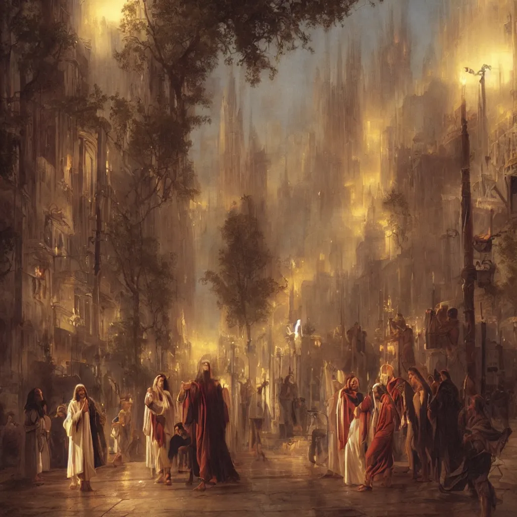 Image similar to jesus tours the streets of hollywood by raphael lacoste and pierre auguste cot and delphin enjolras and daniel f. gerhartz