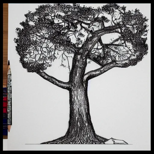 Prompt: oak hill on a tree, logo, pencil drawing, sharp lines, detailed