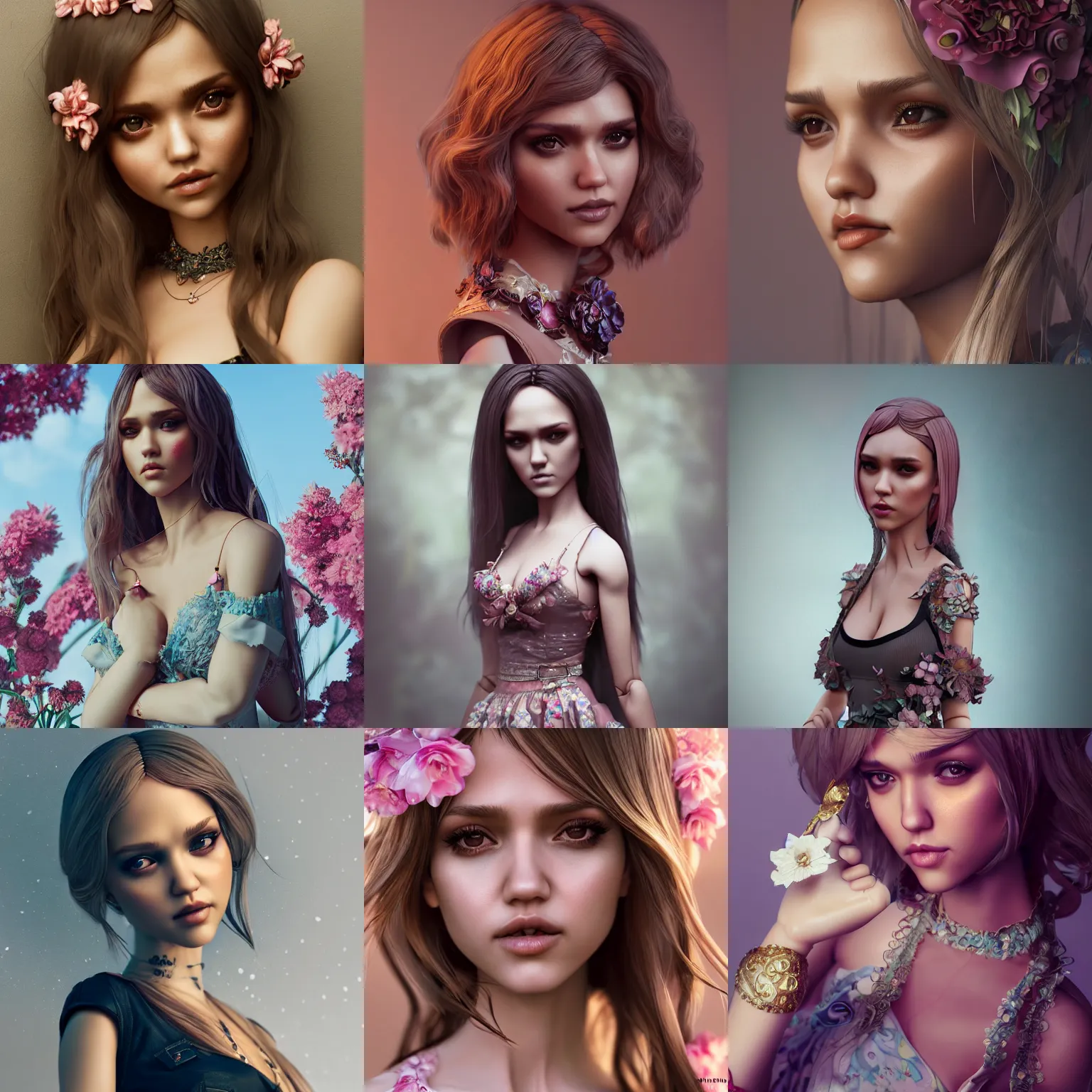 Prompt: jessica alba as msd ( dolfie dream ) bjd doll, ornate floral, artstation, artgerm, mucha, wlop, loish, octane render, smooth, sharp focus, decadent,