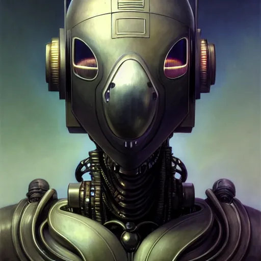 Image similar to low angle front shot of a cyberpunk gazmask robot character wearing a gazmask, intricate, elegant, highly detailed, centered, digital painting, artstation, concept art, smooth, sharp focus, illustration, artgerm, Tomasz Alen Kopera, Peter Mohrbacher, donato giancola, Joseph Christian Leyendecker, WLOP, Boris Vallejo