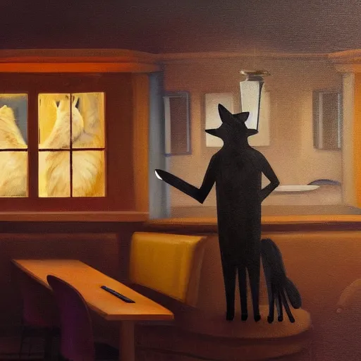 Image similar to humanoid fox detective in an evil restaurant. dark, moonlight through window. fine art, masterpiece painting, 4 k