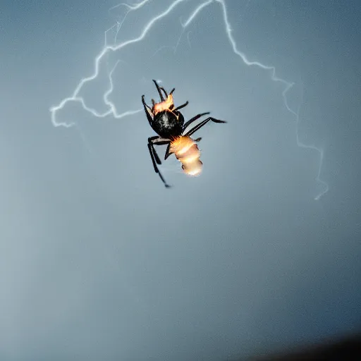 Image similar to cinematic headshot portrait of a spider flies in the fire, movie still, more details, dramatic lightning,