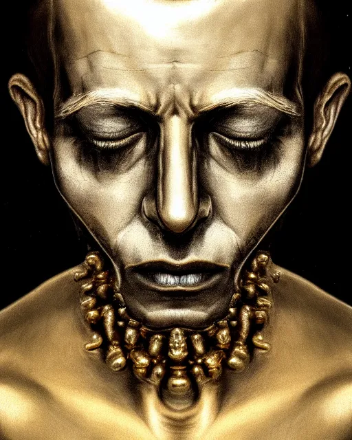 Image similar to realistic portrait of a dead man, dark art, gold, silver ornaments, facing camera, photo realistic, detailed, 1 4 5 0, delicate, hyper realism, ultra realistic, 8 k